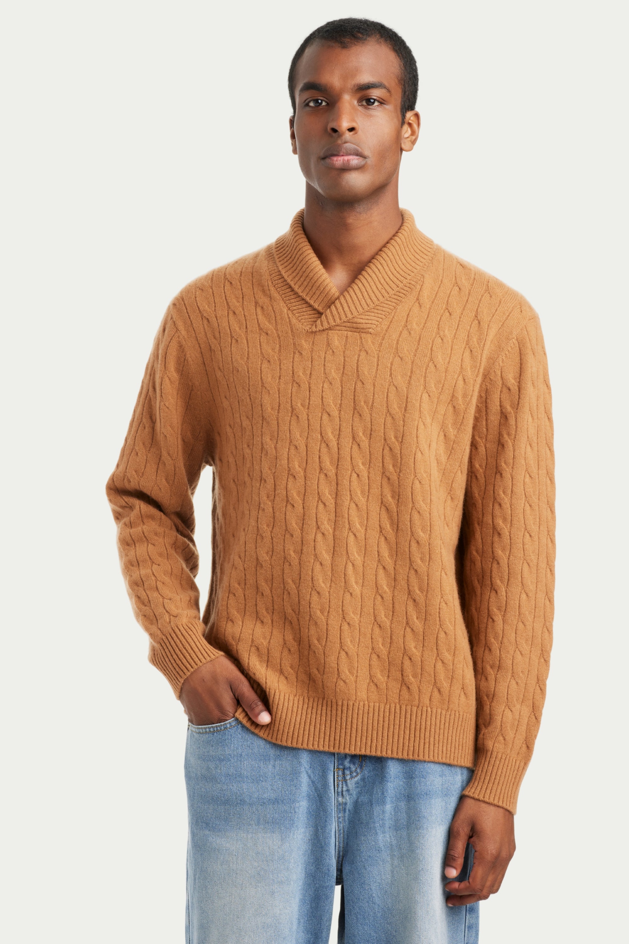 Men's Cashmere Shawl Neck Cable Knit Sweater - SOLOVA MOVE