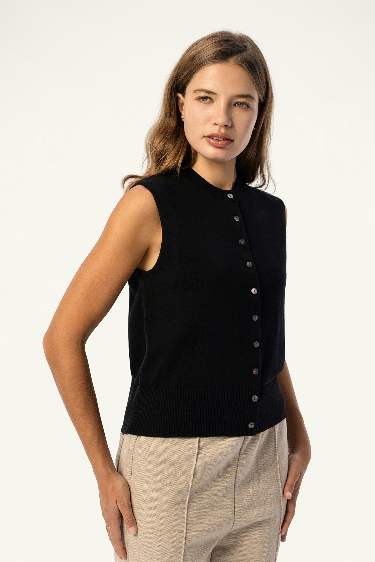 Cotton-Silk-Cashmere Sleeveless Cardigan