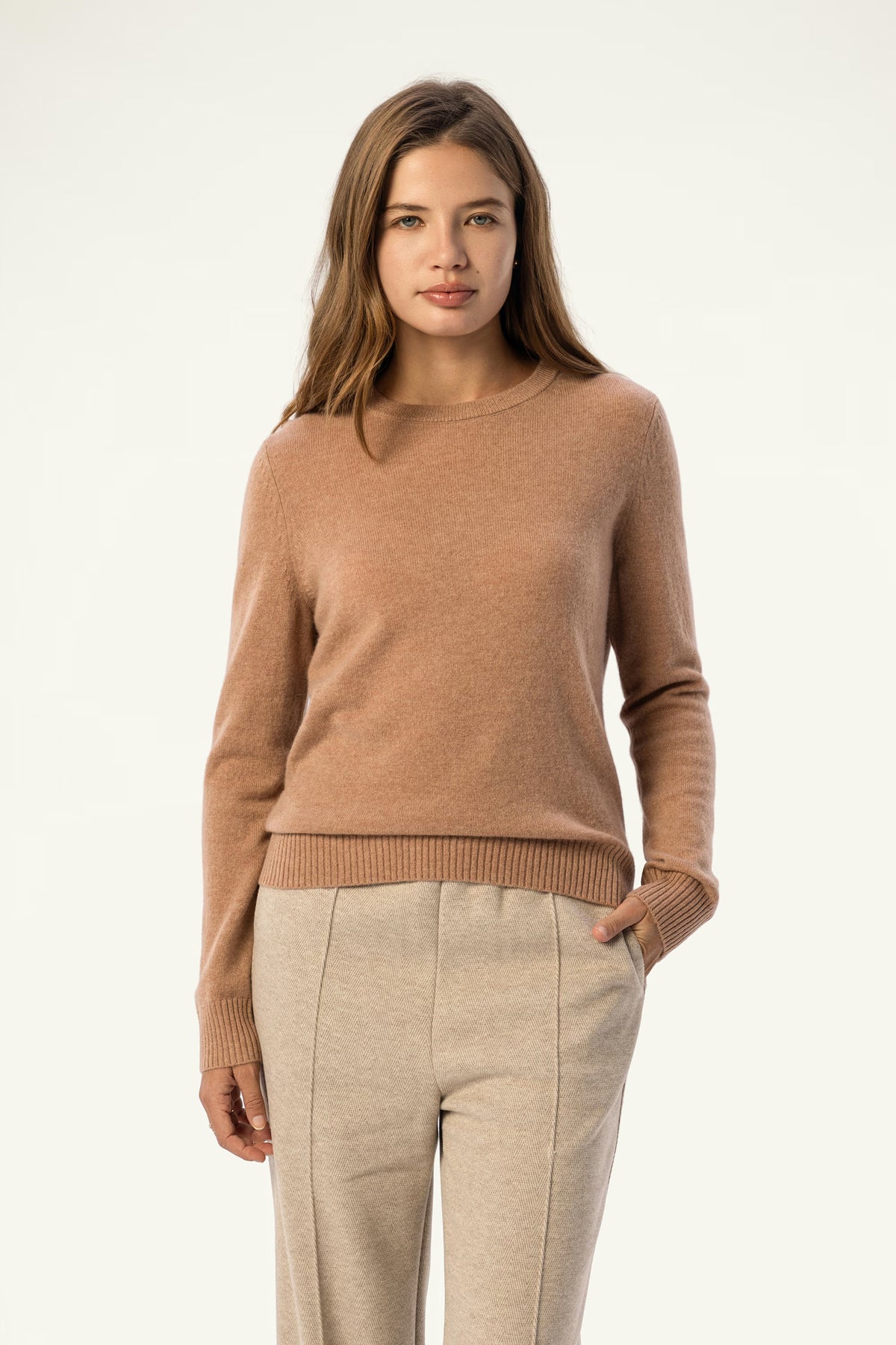 Daily 100% Cashmere Women's Crew Neck Sweater-Light Brown - SOLOVA MOVE
