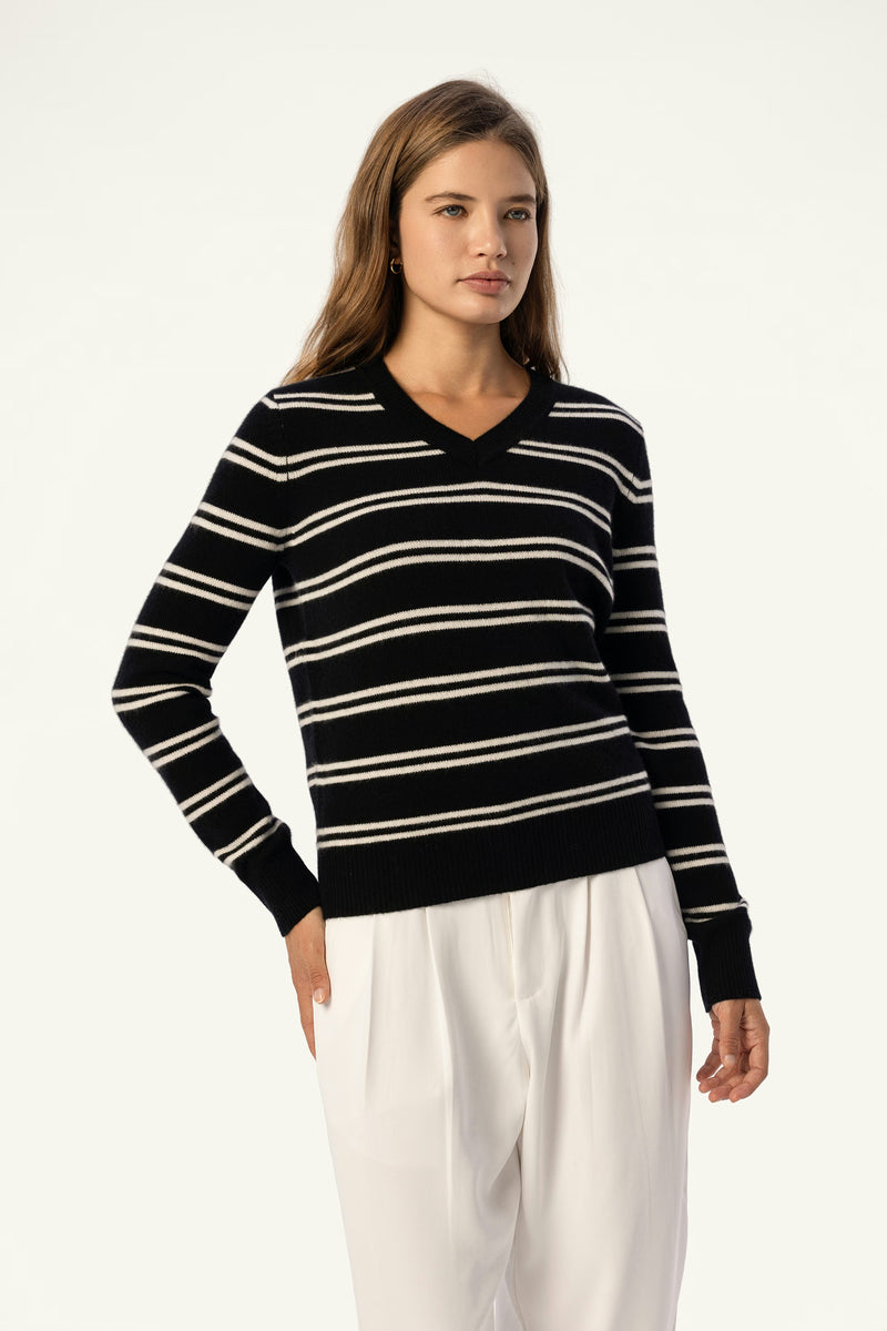 Striped V-Neck Baby Cashmere Sweater - SOLOVA MOVE