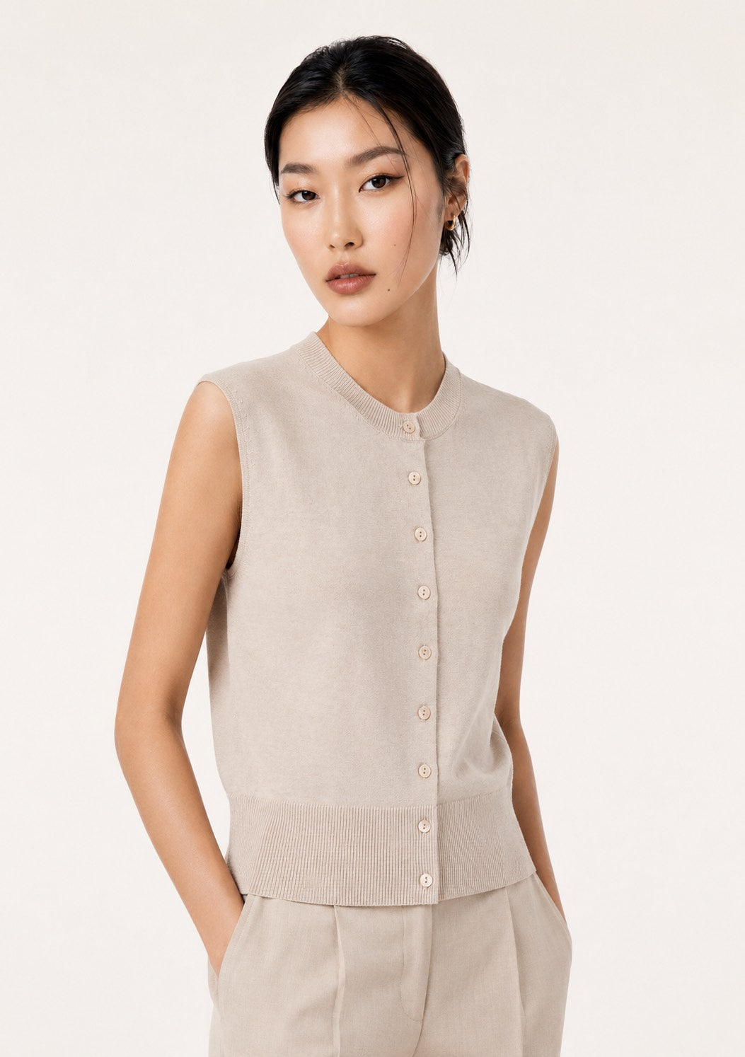 Cotton-Silk-Cashmere Sleeveless Cardigan