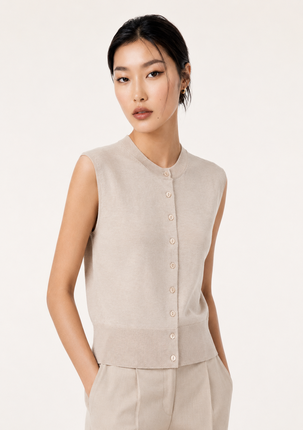 Cotton-Silk-Cashmere Sleeveless Cardigan