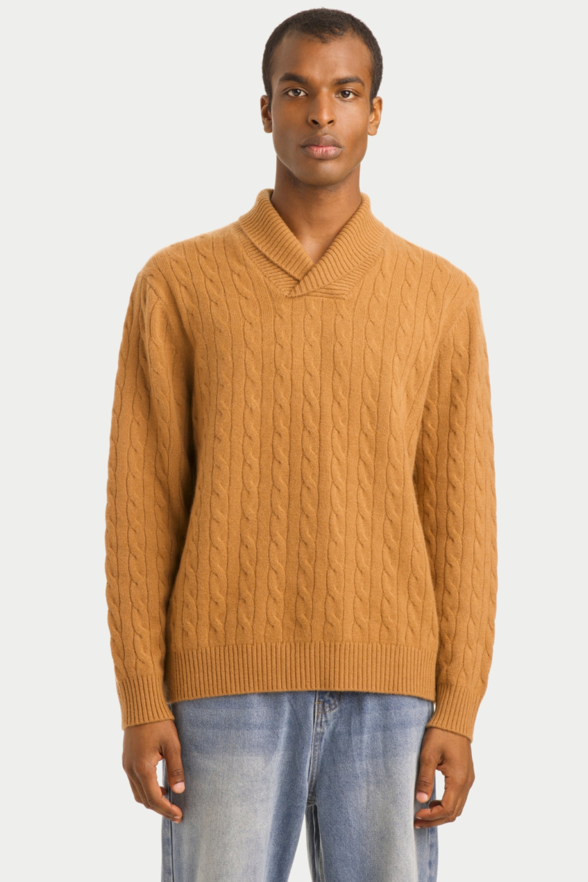 Men's Cashmere Shawl Neck Cable Knit Sweater - SOLOVA MOVE