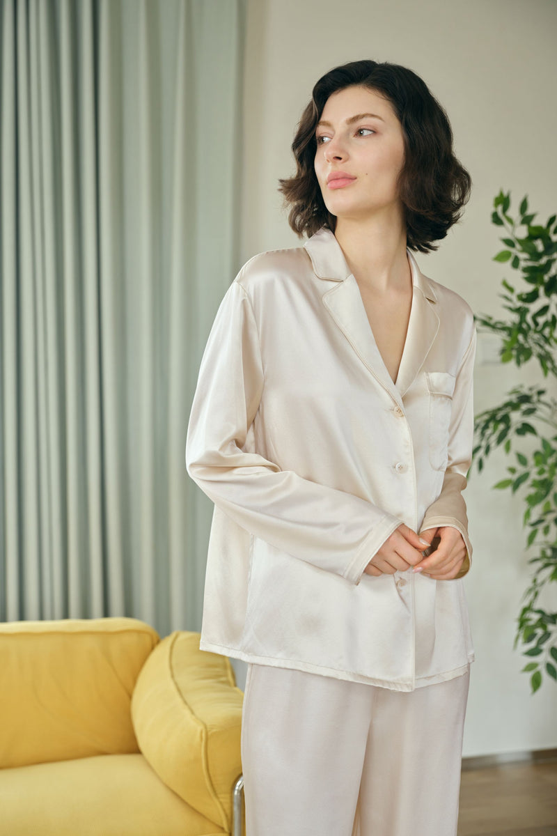 Women’s 100% Silk Pajama Set - Beige
