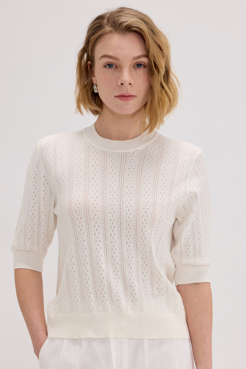 Cotton-Silk-Cashmere Openwork Crewneck Short Sleeve Knit - SOLOVA MOVE
