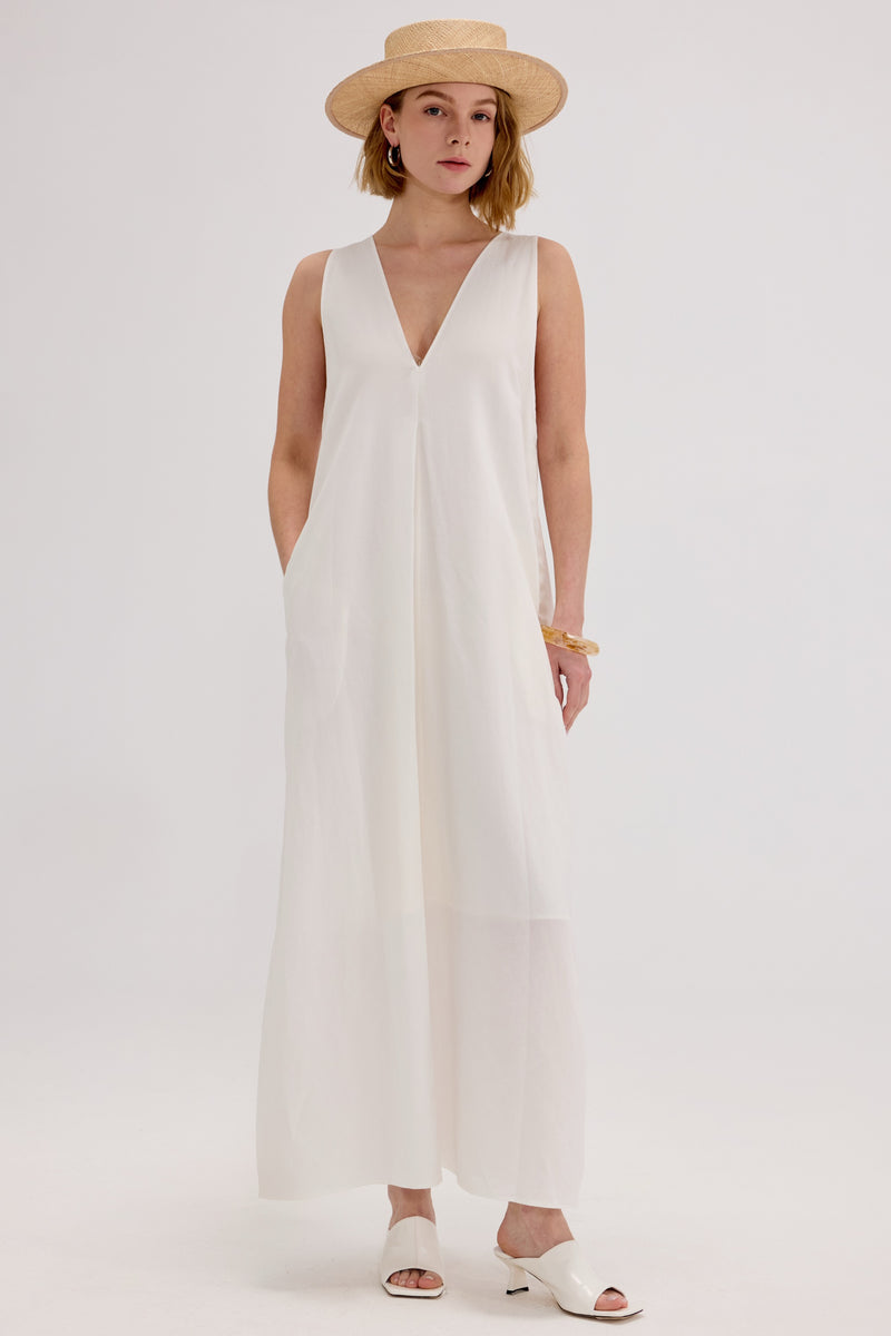 100% Linen V-Neck Sleeveless Maxi Dress - SOLOVA MOVE