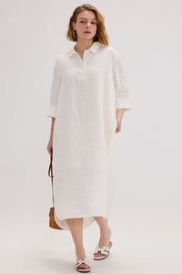 100% Linen Shirt Collar Relaxed Maxi Dress - SOLOVA MOVE