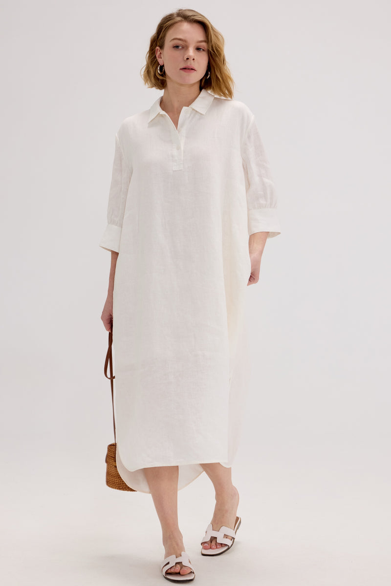 100% Linen Shirt Collar Relaxed Maxi Dress - SOLOVA MOVE