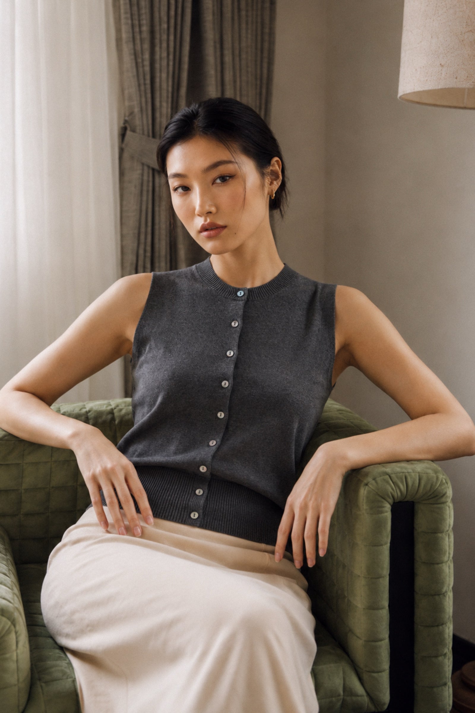 Cotton-Silk-Cashmere Sleeveless Cardigan