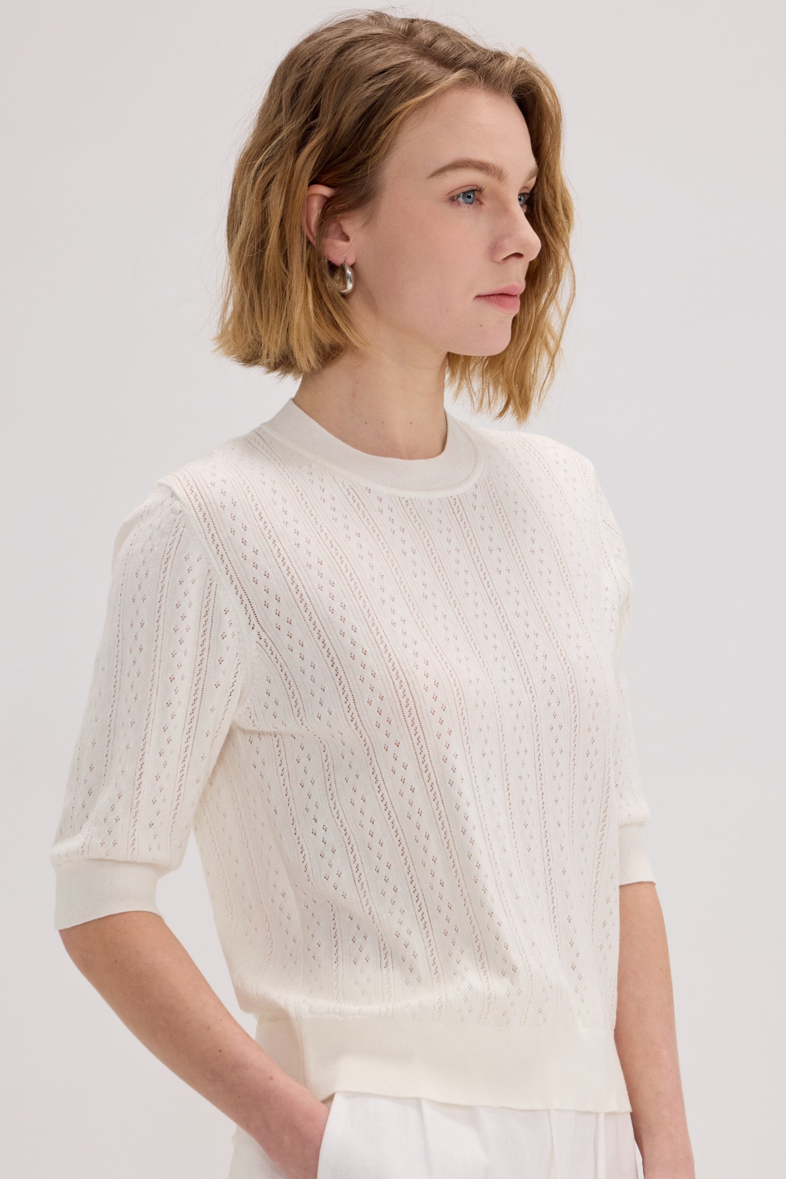 Cotton-Silk-Cashmere Openwork Crewneck Short Sleeve Knit - SOLOVA MOVE