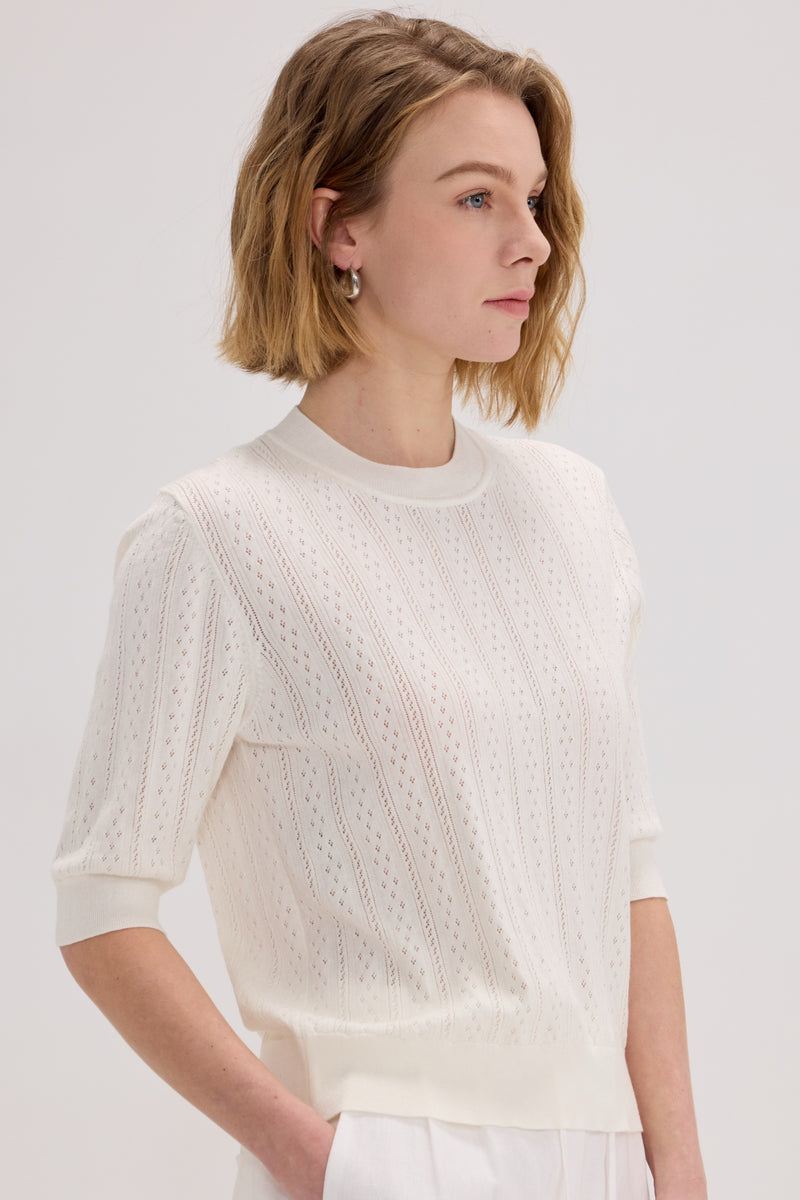 Cotton-Silk-Cashmere Openwork Crewneck Short Sleeve Knit - SOLOVA MOVE