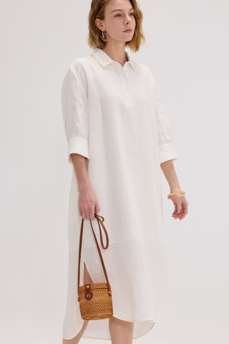 100% Linen Shirt Collar Relaxed Maxi Dress - SOLOVA MOVE