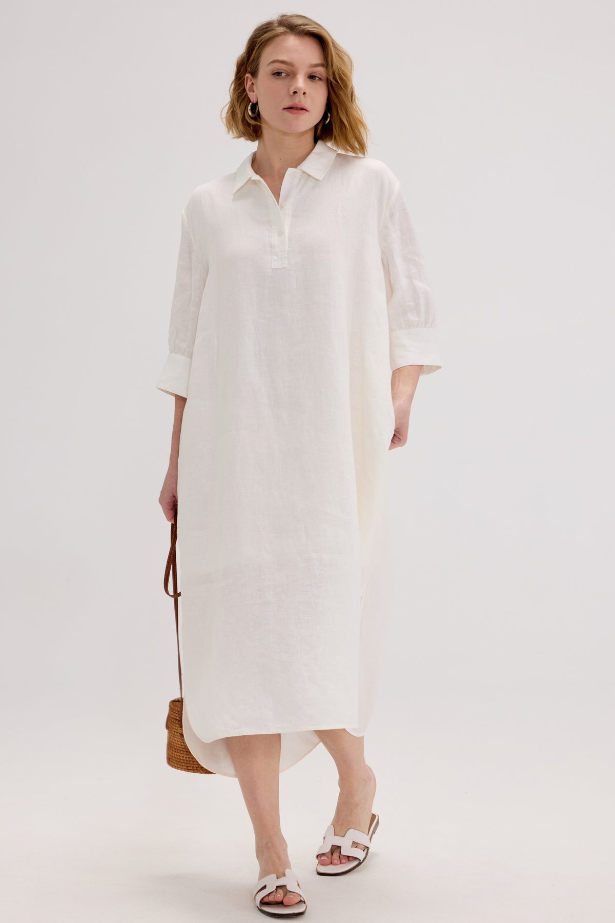 100% Linen Shirt Collar Relaxed Maxi Dress - SOLOVA MOVE